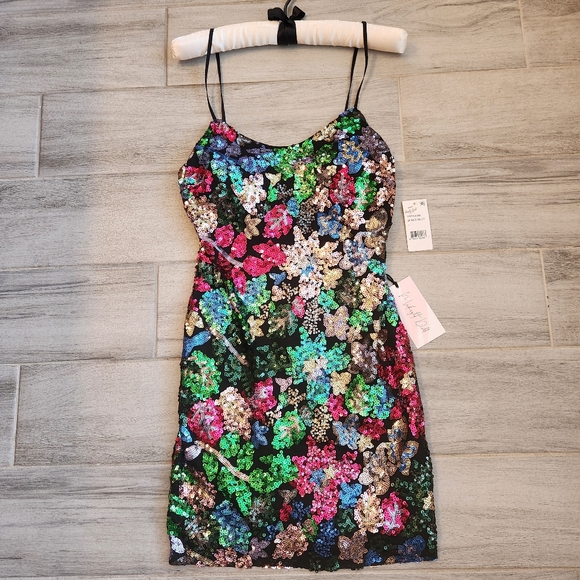 Midnight Doll mini dress L black multi sequins embroidered floral party new $90 - Picture 6 of 13